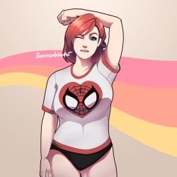 1girls 2d breasts cowboy_shot female_only fortnite lesbian_pride_colors marvel mary_jane_watson mary_jane_watson_(fortnite) pride pride_color_flag pride_colors pride_flag red_hair solo solo_female superaxlart thighs wink