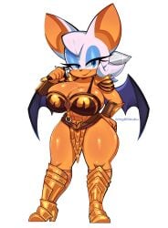 1girls abs alternate_hairstyle alternate_version_available anthro bat bat_ears bat_girl bikini_armor breasts commission commission_art female fixed furry green_eyes hand_on_hip hi_res hips holding huge_breasts ichig8miruku midriff rouge_the_bat sega simple_background sonic_(series) sonic_the_hedgehog_(series) sword tan tan-skinned_female tanned_skin thick_thighs thighs white_fur wide_hips