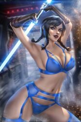 1girls ayyasap black_hair blue_eyes braided_hair braids female female_only fingerless_gloves garter_straps jedi large_breasts lightsaber lingerie milf satele_shan solo star_wars star_wars:_the_old_republic stockings