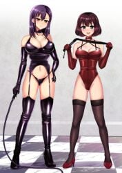 2d 2girls bullwhip cat_o'_nine_tails dominatrix female female_only femdom flogger high_heels large_breasts latex latex_boots latex_leotard leotard looking_at_viewer misaki_(piririnegi) multiple_doms multiple_girls piririnegi simple_background thighhigh_boots thighhighs whip yurika_(piririnegi)