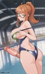 1futa ahoge ass back back_view backless_swimsuit big_breasts blurry blurry_background breasts closed_mouth clothed clothing cowboy_shot ear_piercing earrings erection from_behind fully_retracted_foreskin futa_only futanari glasses green_eyes highres horsecock huge_cock jewelry large_breasts light-skinned_futanari light_skin long_hair looking_at_viewer looking_back merulu_ilum mostly_clothed one-piece_swimsuit orange_hair original penis piercing ponytail semi-rimless_eyewear sidelocks smile solo standing swimsuit tsuyu_uyu