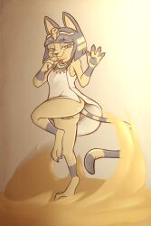 2:3 animal_crossing ankha ankha_(animal_crossing) anthro ass atane27 blue_eyes blue_hair clothing domestic_cat dress egyptian felid feline felis female fur genitals hair hi_res mammal nintendo nude paws solo video_games yellow_body yellow_fur