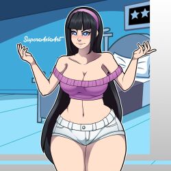 1girls black_hair blue_eyes blush blushing booty_shorts breast female female_only fully_clothed long_hair solo stomach straight_hair superaxlart the_fairly_oddparents thighs trixie_tang