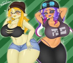 2girls big_ass big_breasts bra busty dark_skinned_female female female_only inkling inkling_girl looking_at_viewer nsfwtalex octoling octoling_girl orange_eyes orange_hair purple_eyes purple_hair ruby_(telaxart) shorts showing_off splatoon splatoon_(series) splatoon_2 splatoon_3 telaxart texalunax thick_thighs wink winking_at_viewer yumi_(telaxart)