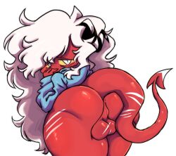 1futa anus ass back back_view backsack balls bent_over big_ass big_balls bottomless clothed clothing demon demon_horns demon_tail echoname2_(artist) futa_only futa_sans_pussy futanari humanoid imp long_hair looking_back original_character scars self_upload solo white_hair