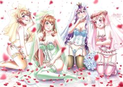 4girls :d absurdres alternate_hairstyle artist_name bare_shoulders blue_eyes blue_panties blush breasts bridal_veil bride brown_hair cleavage collarbone commentary date dated doki_doki_literature_club double_bun english_commentary female_only flower_petals flower_wreath frown garter_straps gluteal_fold green_eyes green_legwear hair_bun hairbun highres jewelry kneeling lingerie long_hair looking_at_viewer medium_breasts monicherrie monika_(doki_doki_literature_club) multiple_girls natsuki_(doki_doki_literature_club) necklace open_mouth panties petals pink_eyes pink_hair pink_legwear pink_panties ponytail purple_eyes purple_hair reflection reflective_floor rose_petals sayori_(doki_doki_literature_club) short_hair smile take_your_pick thighhighs underwear veil very_long_hair yellow_neckwear yellow_panties yuri_(doki_doki_literature_club)