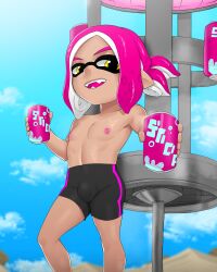 1boy black_shorts bulge bulge_through_clothing can from_below inkling inkling_boy kae-est_art looking_at_viewer magenta_hair male_only nipples offering offering_to_viewer original_character penis_under_clothes pistol_(oc) sharp_teeth shirtless smile soda soda_can spats splatoon splatoon_3 tan_skin toned toned_male trap yellow_eyes