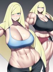 1girls abs ai_generated biceps black_shorts black_tank_top blonde_hair blue_eyes blue_tank_top blush cleavage dolphin_shorts female female_only game_freak gigantic_breasts horny huge_breasts long_hair lusamine_(pokemon) massive_breasts midriff milf multiple_views muscles muscular muscular_arms muscular_female nai_diffusion nintendo pokemon pokemon_sm red_shorts seductive_smile short_shorts shorts solo stable_diffusion sweat tank_top thick_thighs voluptuous wide_hips