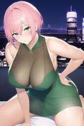 ai_generated balcony cityscape female green_dress green_eyes hourglass_figure large_breasts nai_diffusion night piercing see-through_clothing sentinel_axis sleeveless_dress solo solo_focus stable_diffusion