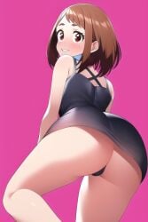 ai_generated blush brown_eyes brown_hair female funemily1 my_hero_academia nai_diffusion ochako_uraraka pantyshot pantyshot_(standing) short_dress shy smile stable_diffusion thick_thighs upskirt