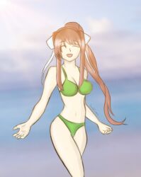 5_fingers bra breasts cleavage closed_eyes doki_doki_literature_club green_bra green_panties leodecraprio long_hair matching_underwear monika_(doki_doki_literature_club) open_mouth panties