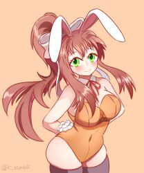 1girls artist_name breasts bunny_ears bunnysuit c_starlett cleavage doki_doki_literature_club english_text female green_eyes light-skinned_female light_skin long_hair monika_(doki_doki_literature_club) text thigh_highs thighhighs thighs twitter_username