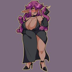 1girls beauty_mark bluueygooey breasts chubby cleavage curvy dark-skinned_female dark_skin dress female female_only huge_breasts long_hair mole mole_on_breast original pointy_ears purple_hair solo voluptuous yellow_eyes