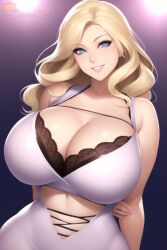 1girls ai_generated artist_self-insert big_breasts blonde_hair blue_eyes bra breasts busty cleavage clothed clothed_female clothes clothing curvaceous curvy curvy_body curvy_female curvy_figure dress female female_focus female_only grin huge_breasts large_breasts light-skinned_female light_skin long_hair looking_at_viewer nai_diffusion queen_dee queen_dee_(character) smile smiling smiling_at_viewer solo solo_female solo_focus stable_diffusion thick voluptuous