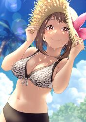 bikini brown_hair cleavage cute hat kobaji my_hero_academia ochako_uraraka smile sunhat sweat sweatdrop swimsuit