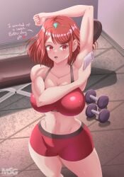 1girls after_workout armpits bottomwear breasts fit_female light-skinned_female light_skin magnificentsexygals pyra red_eyes red_hair short_hair sports_bra sportswear sweat text thighs voluptuous wiping_sweat xenoblade_(series) xenoblade_chronicles_2