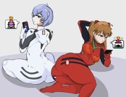 2girls asuka_langley_sohryu auburn_hair big_ass big_breasts blue_hair bodysuit breasts brown_hair bubble_butt clash_(series) clash_royale female female_only gamer gamer_girl gamers gaming heheheha human light-skinned_female light_skin long_hair mobile_game neon_genesis_evangelion orange_hair pale-skinned_female pale_skin phone pilot_suit plugsuit red_clothing rei_ayanami short_hair skin_tight sunzo05 supercell teenage_girl teenager teenagers thick_thighs white_clothing zero_suit