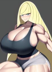 1girls abs ai_generated biceps black_tank_top blonde_hair blue_eyes blush cleavage dolphin_shorts female female_only game_freak gigantic_breasts gray_shorts huge_breasts long_hair lusamine_(pokemon) massive_breasts midriff milf muscles muscular muscular_arms muscular_female muscular_thighs nai_diffusion nintendo pokemon pokemon_sm seductive_smile short_shorts shorts solo stable_diffusion sweat tank_top thick_thighs voluptuous wide_hips