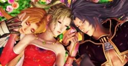 1girls 2boys 3d artist_request blonde_hair closed_eyes clothing crossover cute dissidia female final_fantasy final_fantasy_ix final_fantasy_vi fingerless_gloves flowers gloves gray_hair hair_ornament hand_on_face holding_hands interlocked_fingers kuja kuja_(final_fantasy) long_hair lying_on_back male painted_nails polyamory red_dress sandwiched solarasona terra_branford threesome wholesome zidane_tribal