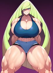 1girls abs ai_generated biceps blonde_hair blue_shorts blue_tank_top blush cleavage dolphin_shorts female female_only game_freak gigantic_breasts green_eyes horny huge_breasts long_hair lusamine_(pokemon) massive_breasts mature_female midriff milf muscles muscular muscular_arms muscular_female muscular_thighs nai_diffusion nintendo pokemon pokemon_sm seductive_smile short_shorts shorts sitting solo stable_diffusion sweat tank_top thick_thighs voluptuous wide_hips