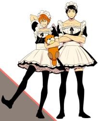 2boys crossdressing crossdressing_male free! ginger maid maid_apron maid_headdress maid_outfit maid_uniform male male_only mikoshiba_momotarou orange_hair short_dress sosuke_yamazaki sousuke_yamazaki stockings yamazaki_sosuke yamazaki_sousuke yaoi