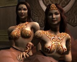 2girls 3d accessory alternate_version_available bed belly_button breasts brown_hair forehead_jewel god_of_war gold_jewelry jewelry long_hair lora lora_(god_of_war) navel official_art ornament screencap zora zora_(god_of_war)