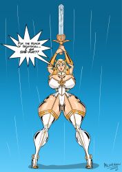 1girls 2020 2020s adora armor artist_name barely_clothed bikini_armor bimbo blonde_female blonde_hair blue_background blue_eyes bracer breasts breasts_bigger_than_head cameltoe cleavage dialogue earrings english_text female female_only hi_res high_heel_boots high_heels hourglass_figure huge_breasts hyper hyper_breasts hyper_thighs leotard lipstick long_hair makeup massive_breasts massive_thighs misterunknowno1 open_mouth pauldrons pink_lips pink_lipstick platinum_blonde_hair she-ra she-ra_and_the_princesses_of_power simple_background solo solo_female speech_bubble stiletto_heels sword text thick_thighs thin_waist tiara very_long_hair wasp_waist watermark weapon white_heels white_high_heels white_high_heels_boots white_leotard wide_hips