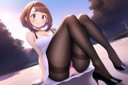 ai_generated background blush brown_eyes brown_hair female funemily1 heels high_heels my_hero_academia nai_diffusion ochako_uraraka panties pantyhose pantyshot pantyshot_(sitting) pink_panties short_dress shy smile stable_diffusion thick_thighs upskirt white_dress