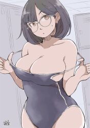 1girls 2022 artist_signature black_hair brown_hair cleavage deep_cleavage female female_only glasses hadashi_no_kenji japanese_text large_breasts one-piece_swimsuit original original_character short_hair solo solo_female swimsuit undressing