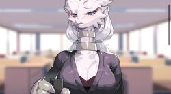 anthro anthrofied breasts cleavage clothed clothing dragon dragon_girl dragoness drunkoak female female_dragon female_pokemon fluffy fluffy_tail fur furred_dragon furry hi_res legendary_pokémon nintendo office office_lady pokémon_(species) pokemon reshiram solo suit thick white_fur white_hair