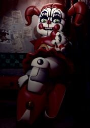 3d 3d_(artwork) accurate animatronic baby_(fnafsl) canon_appearance circus_baby circus_baby_(fnaf) circus_baby_(original) clown clown_girl dark_room female five_nights_at_freddy's five_nights_at_freddy's:_sister_location footwear full_color green_eyes haunted looking_at_viewer microphone no_penetration panties possessed robot robot_girl sister_location sitting solo solo_female spooky ultimate_custom_night upskirt