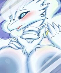 dragon dragon_girl female female_dragon female_focus female_pokemon fluffy fluffy_tail furry legendary_pokémon milkteafox pokémon_(species) pokemon reshiram ring thick white_fur white_hair