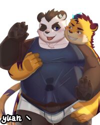 2022 aipangpangdeyua anthro balls belly big_belly blue_eyes blush bulge clothing duo embrace erection felid genitals giant_panda hi_res hug hugging_from_behind kemono male mammal moobs one_eye_closed overweight overweight_male penis shirt topwear underwear ursid