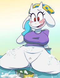 2022 absurd_res anthro blush bottomless bovid breasts caprine clothed clothing crotch_tuft eyelashes female fur genitals gloves goat handwear hi_res kneeling mammal monamania navel pussy shirt solo sponge topwear toriel tuft undertale undertale_(series) white_body white_fur