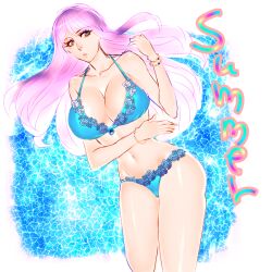 alternate_costume big_breasts bikini blue_bikini bracelet bracelets cleavage female female_only gintama glasses_removed jewelry lace-trimmed_bikini lace_trim light_purple_hair long_hair marupo mole_under_eye on_back purple_hair sarutobi_ayame solo swimsuit