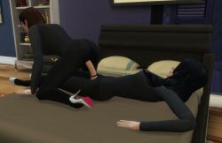 2girls clothed_sex multiple_girls strapless_dildo the_sims_4 tights yuri