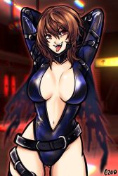 1girls arms_behind_head artist_name artist_signature background belt brown_hair fangs g20d_(artist) giveme20dollas_(artist) goro_akechi huge_breasts latex leotard looking_at_viewer malicious_smile multiple_belts partially_clothed persona persona_5 persona_5_royal red_eyes rule_63 short_hair solo solo_female solo_focus subway_station tongue_out underground