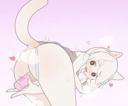 <3_eyes anthro ass bent_over big_butt blush bodily_fluids clothing clothing_aside dildo dildo_vibrator domestic_cat felid feline felis female fur genital_fluids gradient_background hair heart hi_res holding_object holding_sex_toy holding_vibrator kemono looking_pleasured mammal masturbation mikeyama motion_lines motion_outline open_mouth open_smile panties panties_aside penetration pussy_juice sex_toy shaking simple_background smile solo steam topwear torogao tremble_spikes trembling underwear underwear_aside vaginal_masturbation vaginal_penetration vibrator white_body white_fur white_hair yagi_the_goat