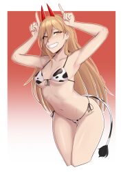 bikini chainsaw_man cow_print cow_print_bikini cow_tail devil_horns_(gesture) gradient_background horn long_hair power_(chainsaw_man) ravenrine red_horns sharp_teeth simple_background small_breasts symbol-shaped_pupils yellow_eyes