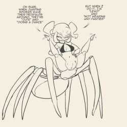 annoyed annoyed_expression arachne arachnid arachnid_humanoid bra breasts cesil_(zedrin) covered_nipples glasses hands_on_hips legs legs_up monster_girl naked no_panties pussy small_breasts spider spider_girl spider_has_puss_puss spread_legs twintails zedrin