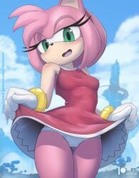 1girls alternate_version_at_patreon amy_rose anthro artist_name ass_visible_through_thighs bare_thighs blush cameltoe dress_lift female gluteal_fold looking_at_viewer open_mouth outdoors panties png presenting_panties rilex_lenov smile solo sonic_(series) sonic_frontiers thighs upskirt young