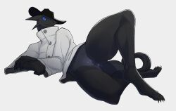 anthro black_body black_skin blue_eyes bottomless clitoris clothed clothing cowboy_hat female genitals hat headgear headwear hi_res lying on_side pussy smokeyocity solo