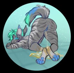 2021 anthro anus artist_name ass ass_up barefoot biped blue_anus blue_eyes blue_pawpads blue_pussy blush bodily_fluids breast_squish breasts facial_blush feet felid female furry genital_fluids genitals hi_res hindpaw lameboast luna_(swartzfox) mammal nude pawpads paws peeing peeing_on_paws peeing_on_self presenting presenting_hindquarters presenting_pussy pussy raised_tail solo squish striped_markings urine urine_pool urine_stream watersports