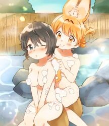 2girls ;o animal_ears bangs between_legs black_eyes black_hair blonde_hair blush breasts completely_nude convenient_censoring day extra_ears hair_up hand_between_legs highres kaban_(kemono_friends) kemono_friends medium_breasts multiple_girls nude one_eye_closed onsen rock serval_(kemono_friends) short_hair sitting smile soap_bubbles soap_censor steam suicchonsuisui v_arms washing_another wince yellow_eyes