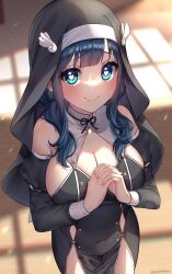 1girls amano_nene_(vtuber) angel_wings bare_shoulders big_breasts blue_eyes blue_hair blush breasts busty cleavage clothed cute female female_only heart heart-shaped_pupils light-skinned_female light_skin looking_at_viewer nun nun's_habit nun_outfit pigtails praying production_kawaii smile solo veil virtual_youtuber yayoi_maka