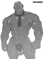 1boy 1male bara bulge flaccid lupin_barnabi male male_focus male_only mankini monochrome muscular muscular_male pokemon pokemon_masters sawyer_(pokemon_masters) solo solo_focus solo_male veiny_penis