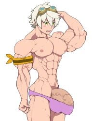 1boy abs bennett_(genshin_impact) blush fat_cock gay genshin_impact green_eyes huge_cock hyper_genitalia hyper_penis male male_only mlm4anemone muscular muscular_male open_mouth pecs penis solo stretched_clothing thick_penis underwear veiny_penis white_background yaoi