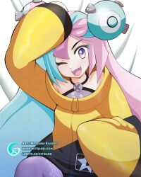 1girls bare_shoulders blue_hair bodypillow clothing cute dakimakura female female_focus female_only gym_leader human iono_(pokemon) jacket long_hair long_sleeves mitgardknight nintendo pink_hair pokegirl pokemon pokemon_sv sharp_teeth sleeveless_shirt sleeves_past_wrists solo tights two_tone_hair video_games winking_at_viewer