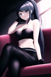 ai_generated bare_shoulders belt big_breasts black_gloves black_pants blue_eyes couch crossed_legs danganronpa danganronpa:_trigger_happy_havoc high_ponytail long_hair looking_at_viewer maizono_sayaka midriff nai_diffusion ponytail sitting smile stable_diffusion