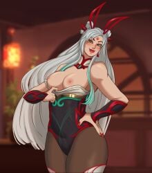 breasts breasts_out grey_hair irelia_xan league_of_legends league_of_legends:_wild_rift mythmaker_irelia mythmaker_series pepprnsalt